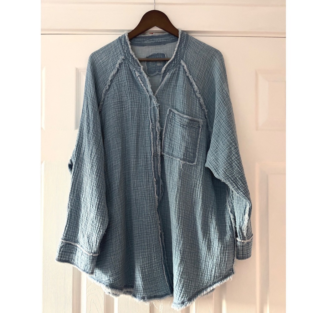 Aerie Blue Cotton Gauze Button Down Shirt Frayed Hem Oversized XXL